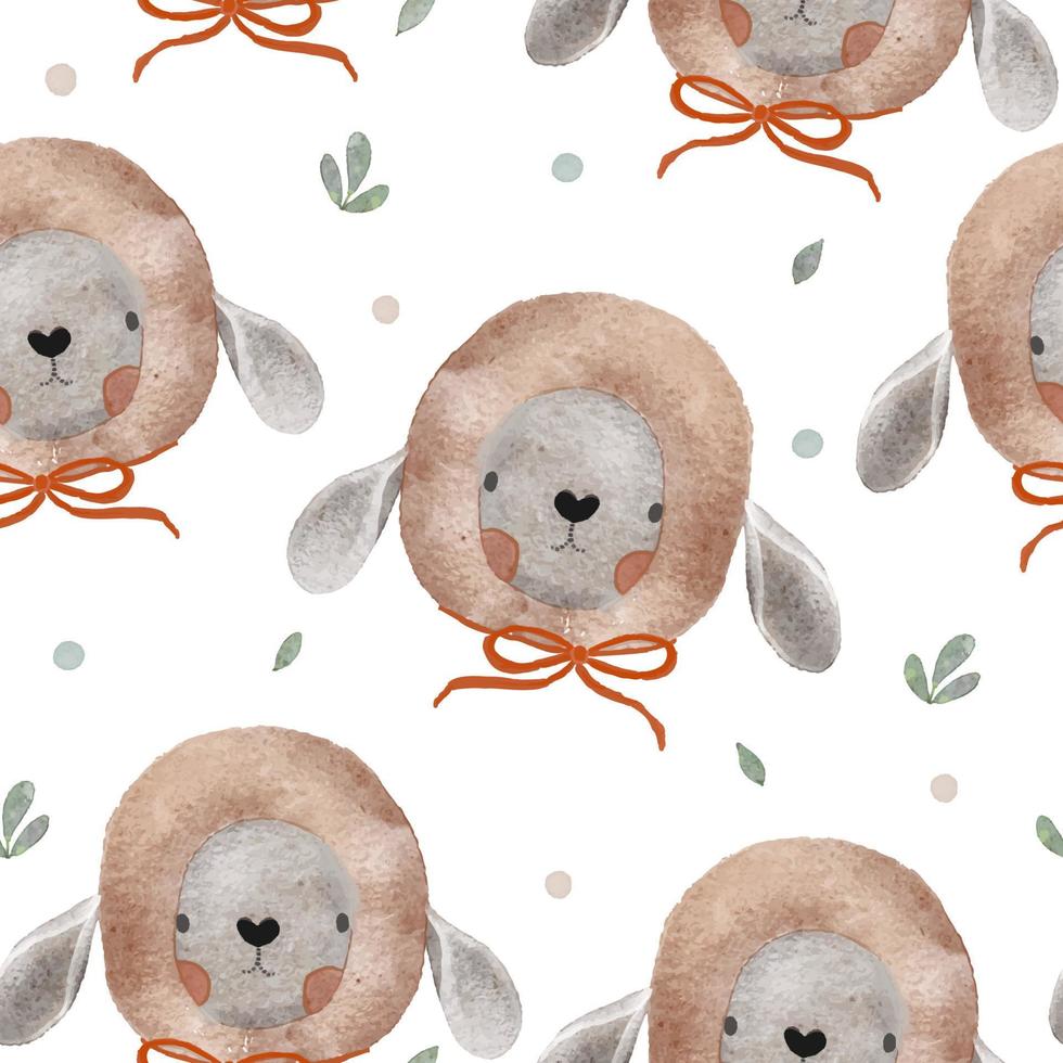 Watercolor vector Baby shower seamless pattern plush toy sheep. Toys and green leaves.