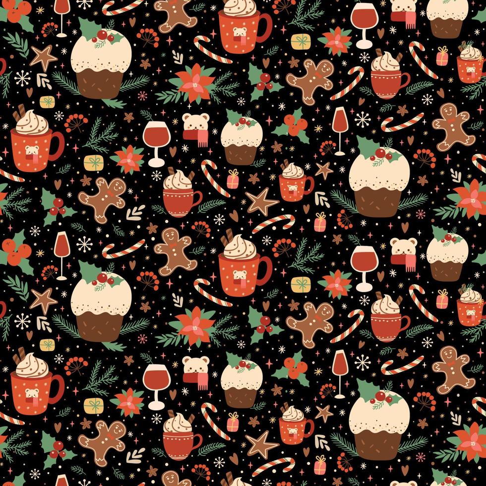 Christmas cake seamless pattern. Traditional Christmas pudding, food, tea in cup, gingerbread repeat background, wallpaper, textile, fabric, surface design for winter holiday. Vector illustration