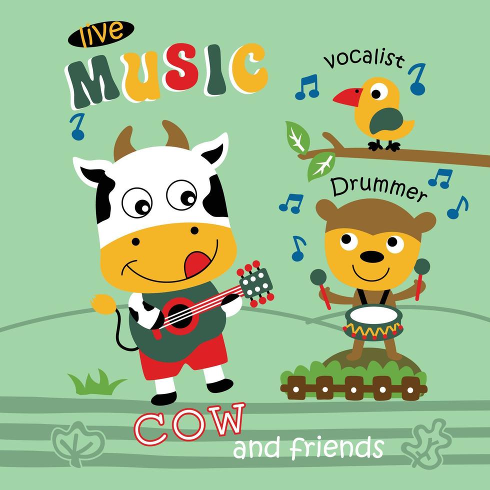 la vaca está tocando música con un amigo, divertidos dibujos animados de animales vector