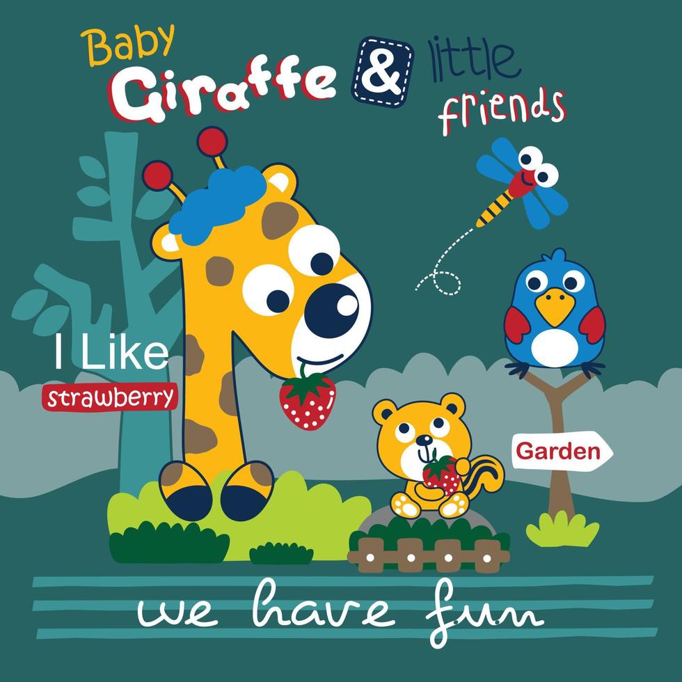 giraffe with friend in the garden funny animal cartoon vector