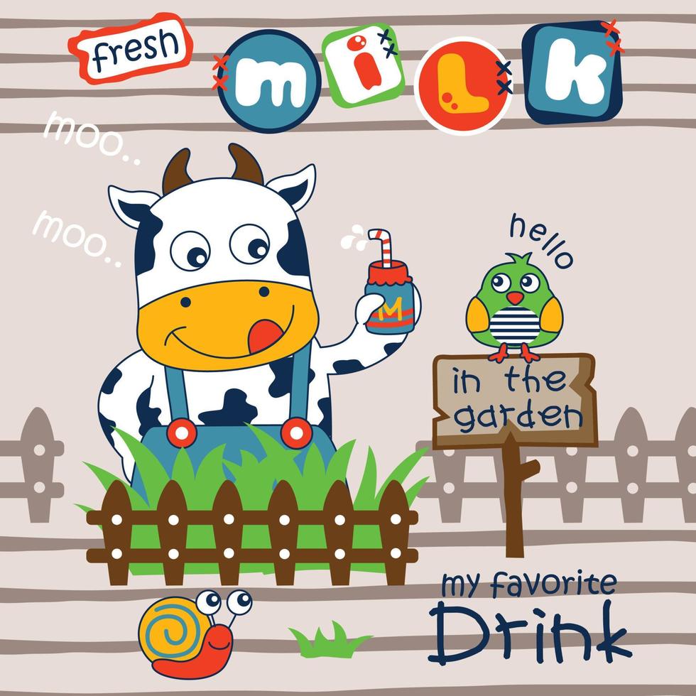 la vaca está bebiendo leche fresca dibujos animados de animales divertidos vector