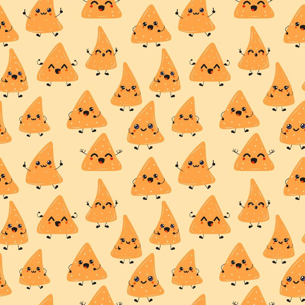 patrón sin costuras con linda colección de nachos divertidos felices. emoji positivo de comida feliz, kawaii divertido vector