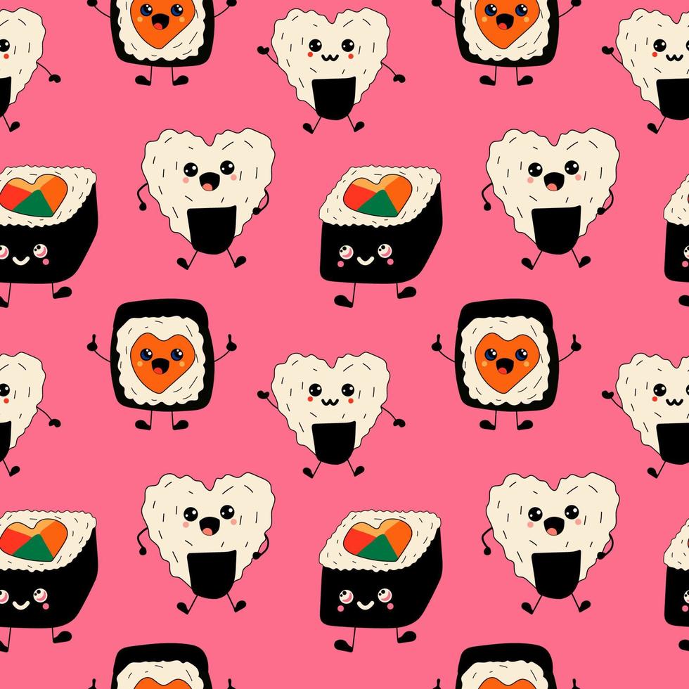 Seamless pattern with Sushi Love concept Cute happy funny smiling sushi,roll with kawaii eyes. Vector in cartoon style.