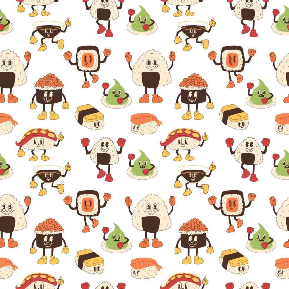 Seamless pattern with Sushi in retro cartoon style illustration, vintage character vector art collection