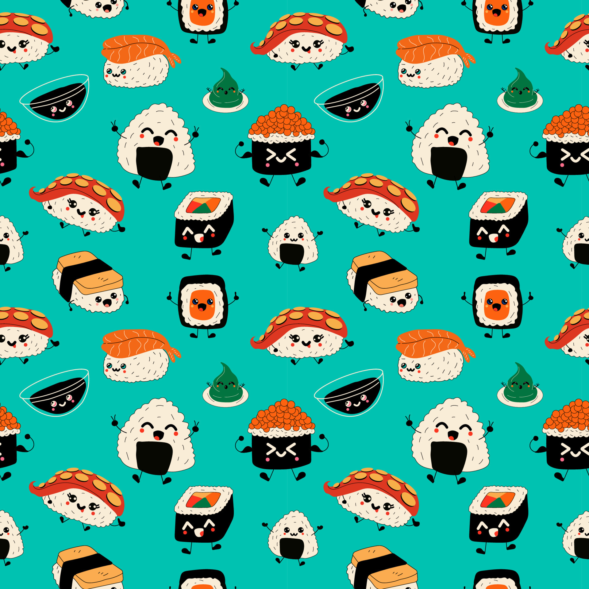 Seamless pattern with Emoji sushi characters.Cartoon japanese food ...