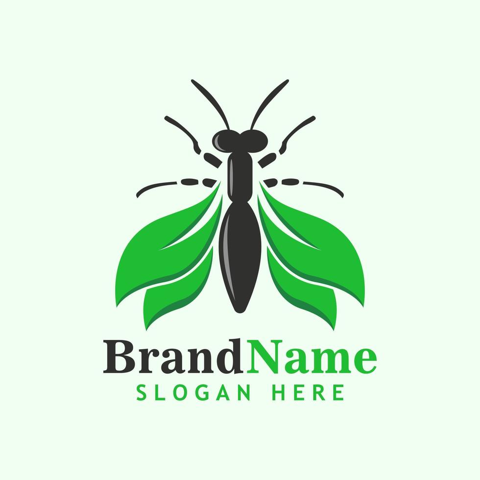 logotipo de insecto combinado con alas verdes en forma de hoja vector