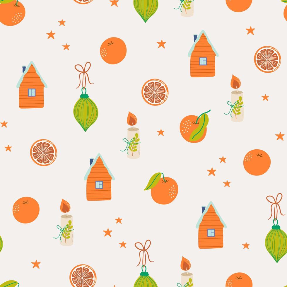 patrón transparente de vector con símbolos de invierno y Navidad. fondo de vacaciones brillante. papel digital paleta naranja-verde.