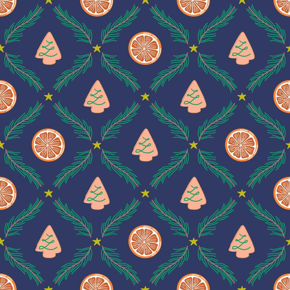 patrón impecable con galletas, secciones naranjas y ramas de abeto. fondo de navidad, hermoso adorno de damasco. ilustración vectorial para papel, textil, scrapbooking. vector