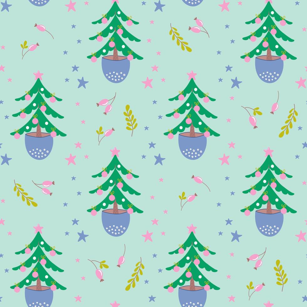 Vector seamless pattern with Christmas tree, plant and stars. Beautiful festive background. Cute illustration for winter holidays decor and presents.