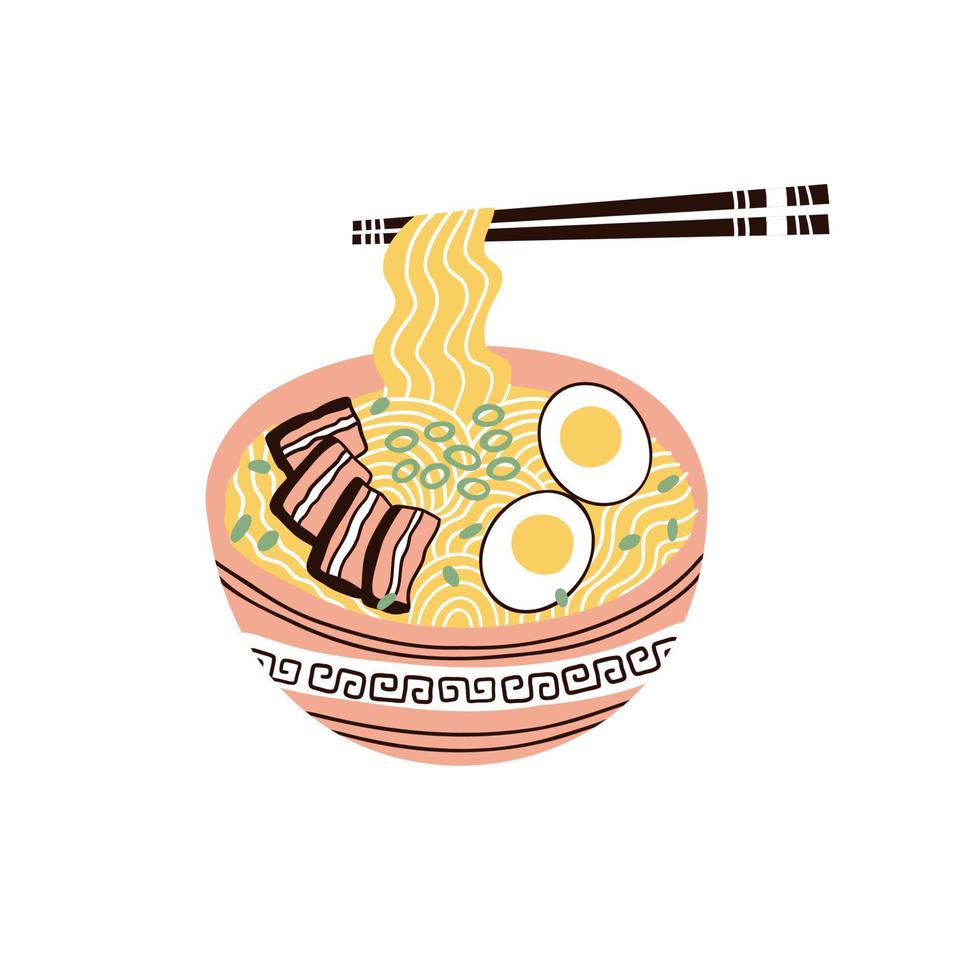 noodles with meat and boiled egg. hand drawn vector illustration in flat style.