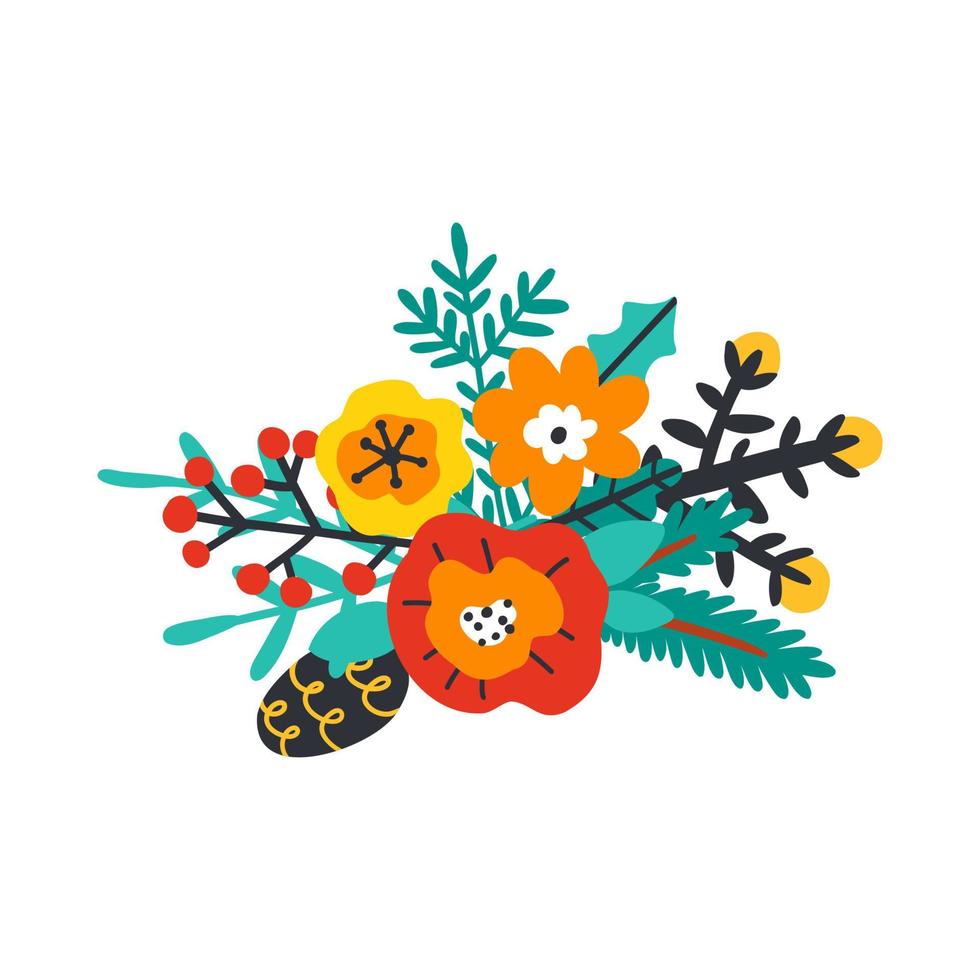 ramo de flores de navidad. ilustración vectorial dibujada a mano en estilo plano. vector