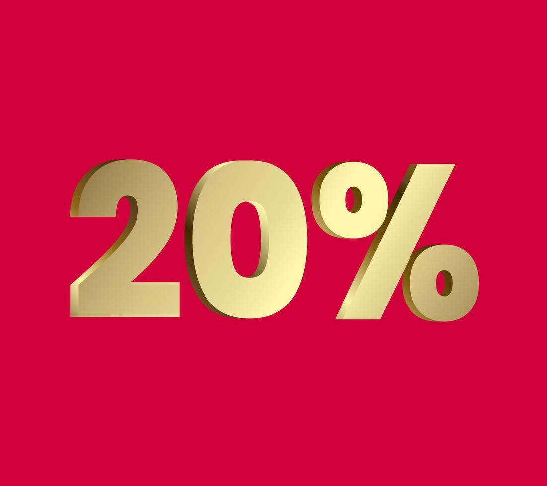 20 percent 3Ds Letter Golden, 3Ds Level Gold color, Twenty 3D Percent on red color background, and can use as transparent gold 3Ds letter for levels, calculated level, vector illustration.