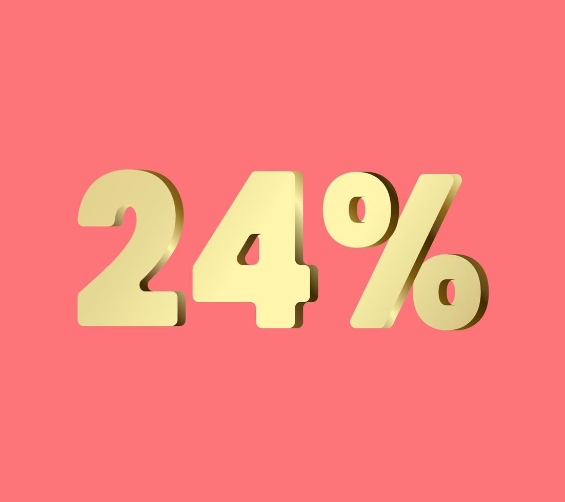 24 percent 3Ds Letter Golden, 3Ds Level Gold color, Twenty FOUR 3D Percent on red color background, and can use as transparent gold 3Ds letter for levels, calculated level, vector illustration.