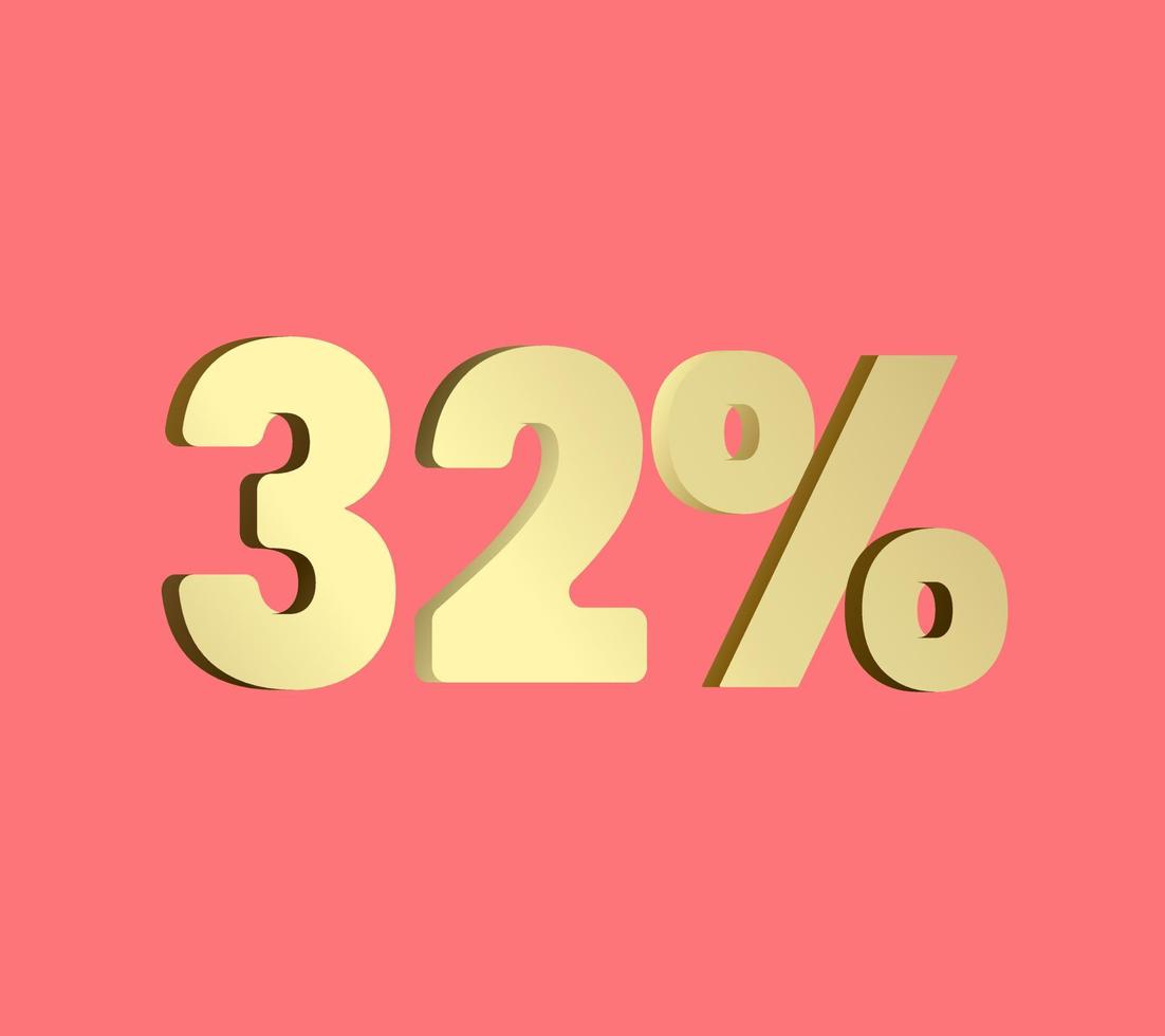 32 percent 3Ds Letter Golden, 3Ds Level Gold color, Thirty-two 3D Percent on red color background, and can use as transparent gold 3Ds letter for levels, calculated level, vector illustration.