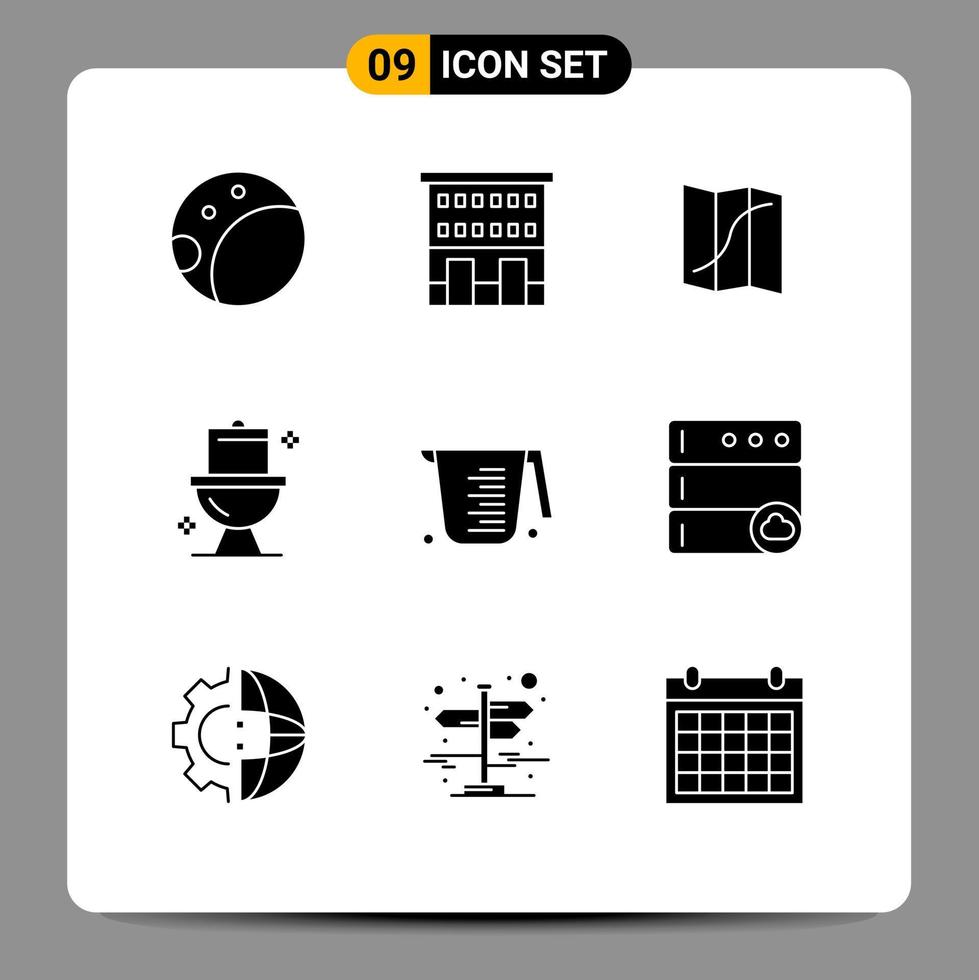 Modern Set of 9 Solid Glyphs Pictograph of jug baking location washroom cleaning Editable Vector Design Elements