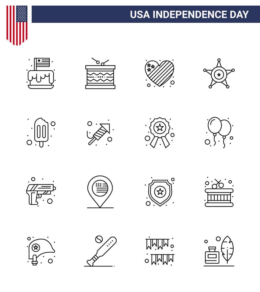 4th July USA Happy Independence Day Icon Symbols Group of 16 Modern Lines of usa police parade men heart Editable USA Day Vector Design Elements