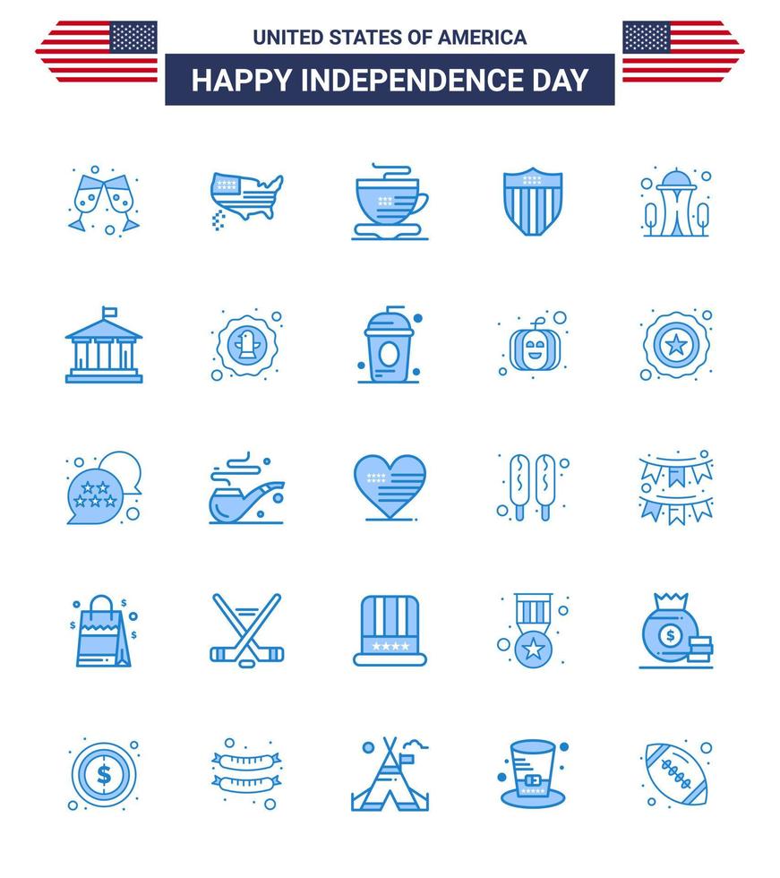 USA Happy Independence DayPictogram Set of 25 Simple Blues of space landmark cup building seurity Editable USA Day Vector Design Elements