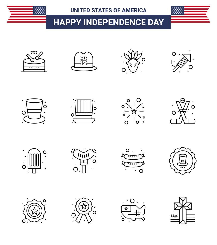 feliz día de la independencia de estados unidos conjunto de pictogramas de 16 líneas simples de gorra de sombrero mágico festival americano nativo americano editable elementos de diseño de vector de día de estados unidos