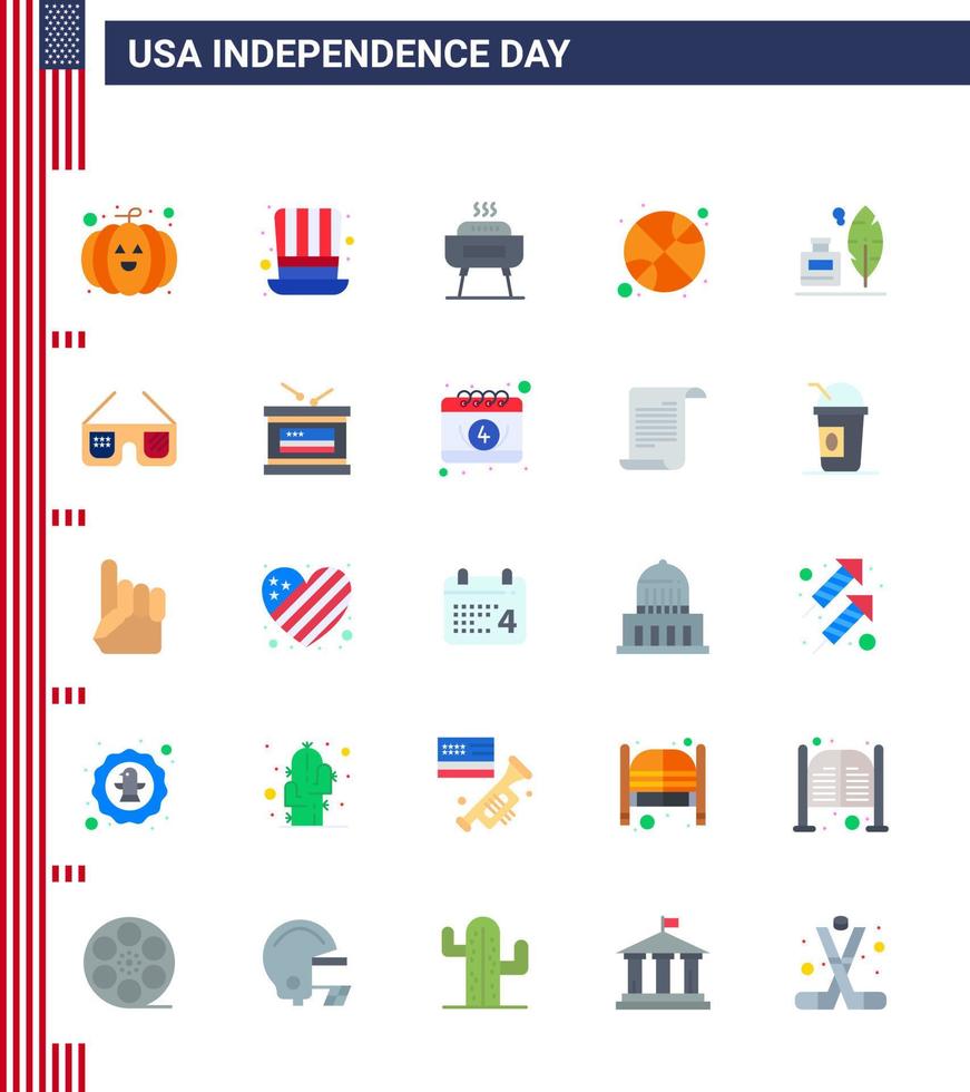 Flat Pack of 25 USA Independence Day Symbols of ink bottle adobe celebration day ball Editable USA Day Vector Design Elements