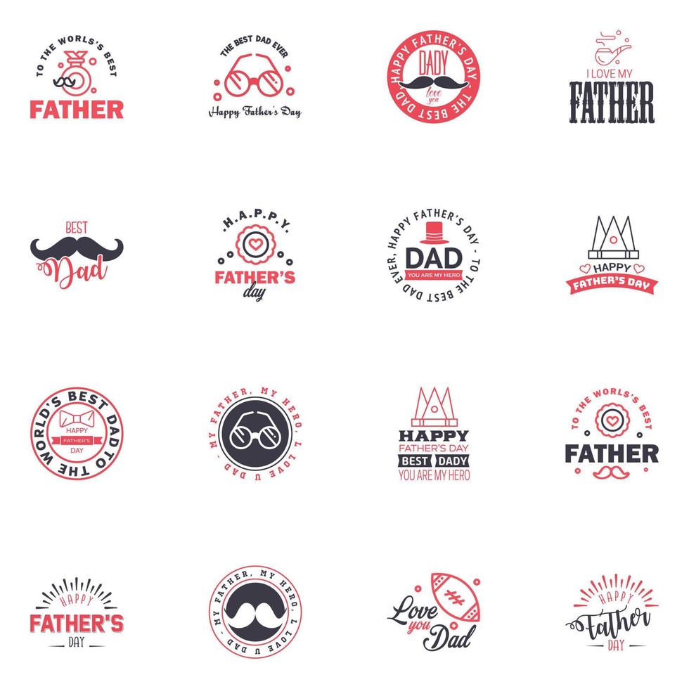 16 Black and Pink Set of Vector Happy fathers day Typography Vintage Icons Lettering for greeting cards banners tshirt design Fathers Day Editable Vector Design Elements