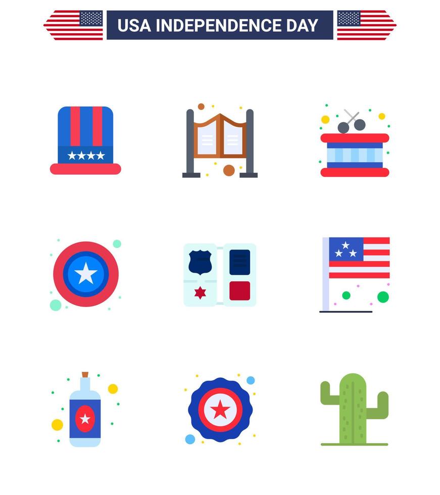 Group of 9 Flats Set for Independence day of United States of America such as american book drum sign police Editable USA Day Vector Design Elements