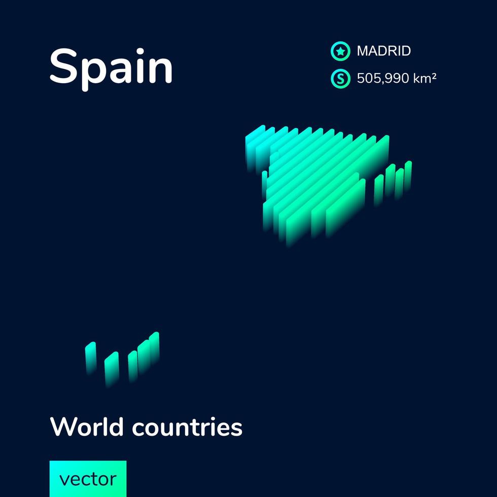 Spain 3D map. Stylized isometric neon striped Map is in green colors on the dark blue background vector