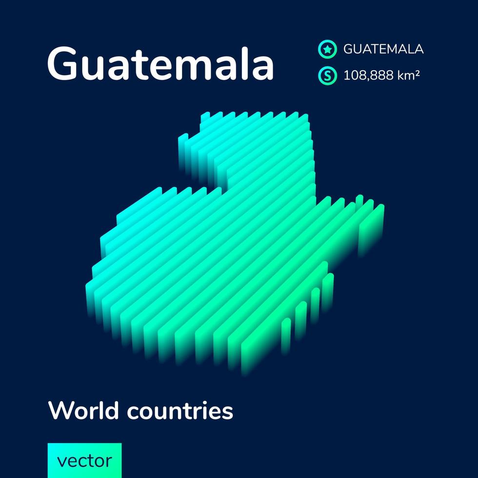 Guatemala 3D map. Stylized neon simple digital isometric striped vector Map of Guatemala is in green, turquoise and mint colors on the dark blue background