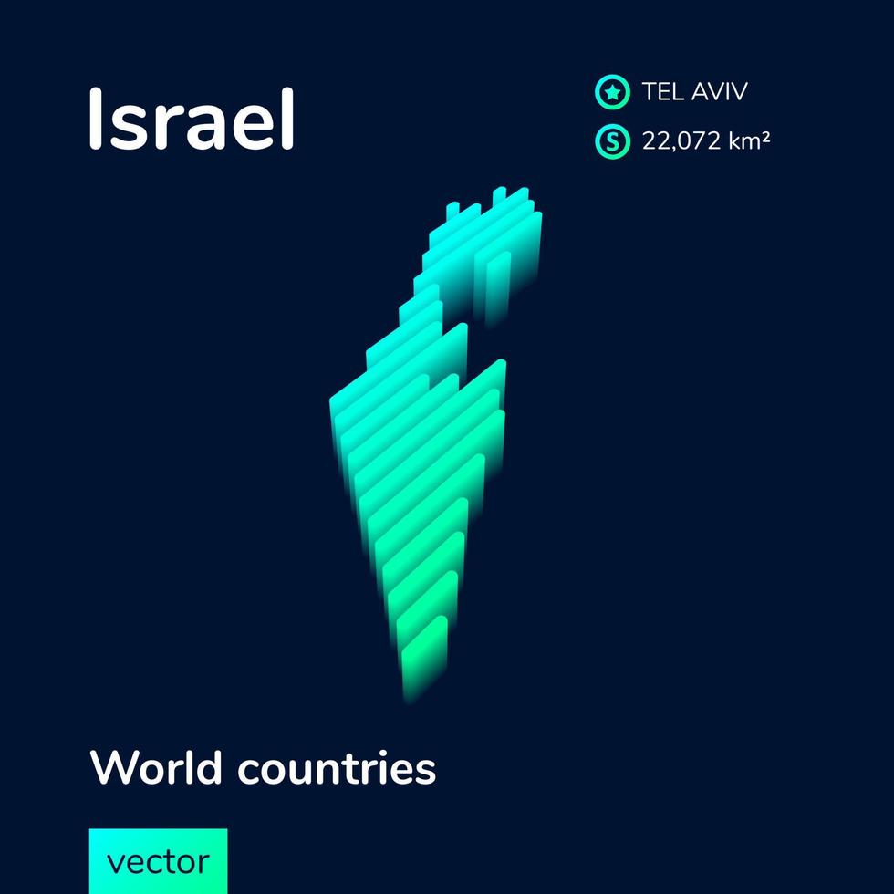 3D map of Israel. Stylized striped vector isometric Map of Israel is in neon green and mint colors on the dark blue background