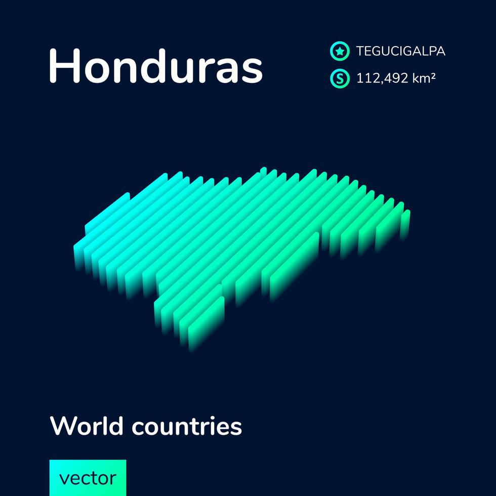 vector de neón isométrico rayado honduras mapa 3d en colores de tendencia. tarjeta infográfica de geografía, afiche, pancarta, plantilla.