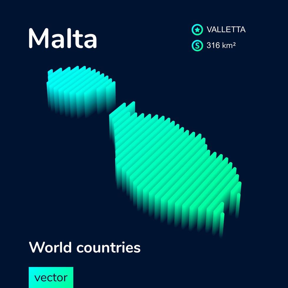 3d vector isometric Malta map in neon green colors on dark blue background. Stylized map of Malta.