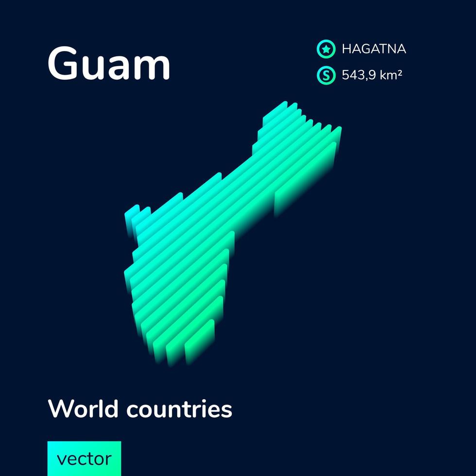 Striped isometric neon vector Guam map in trend colors. Geography infographic card, poster, banner, template.