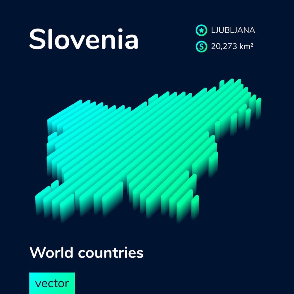 Stylized striped vector neon isometric 3D map of Slovenia is in mint colors on dark blue background