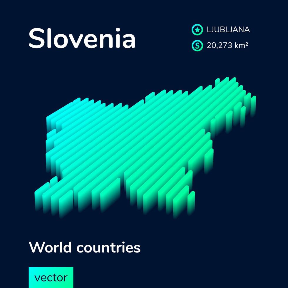 El mapa 3d isométrico de neón vectorial rayado estilizado de eslovenia está en colores menta sobre fondo azul oscuro vector