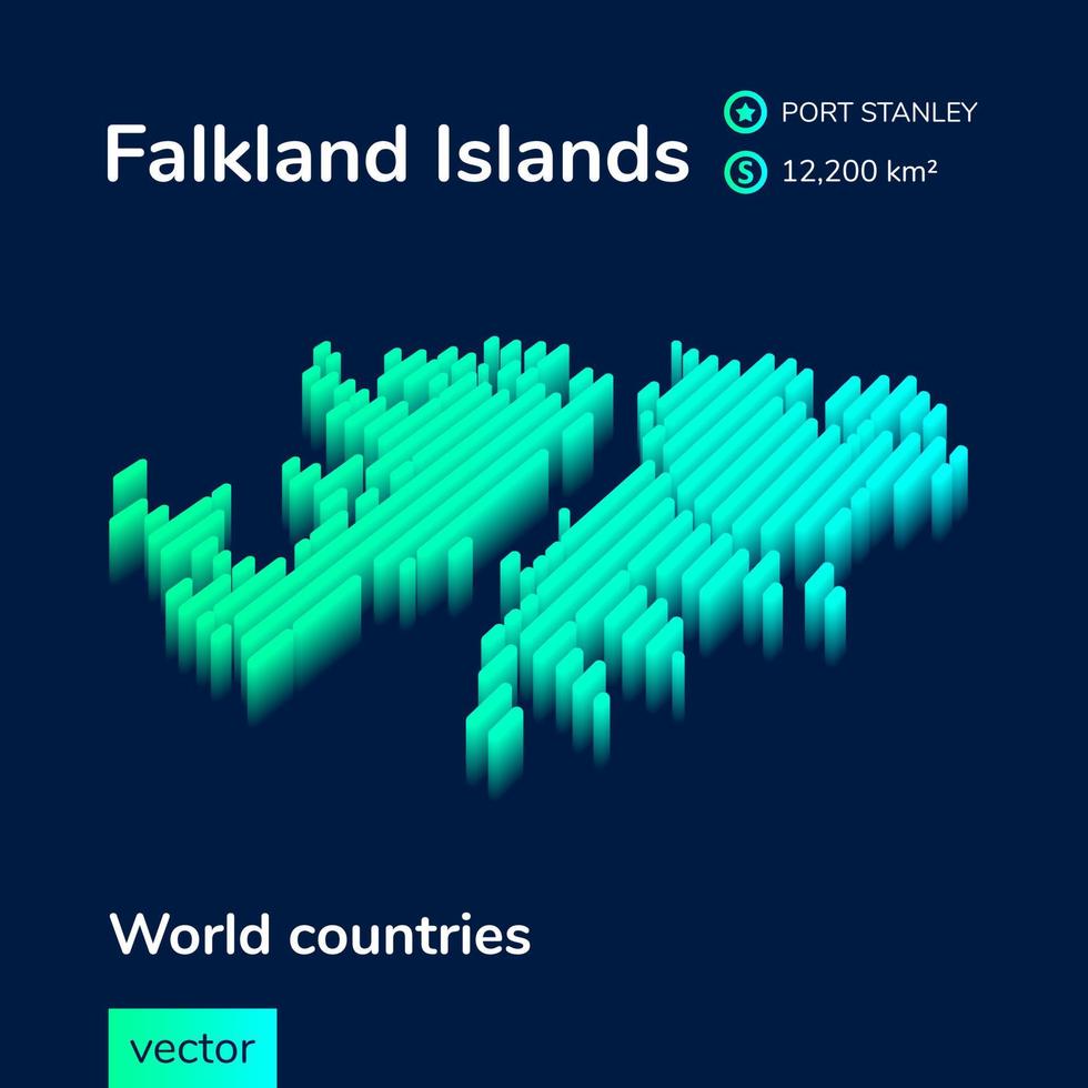 Falkland Islands 3D map. Stylized striped neon digital isometric vector Map of Falkland Islands is in green and mint colors on the dark blue background