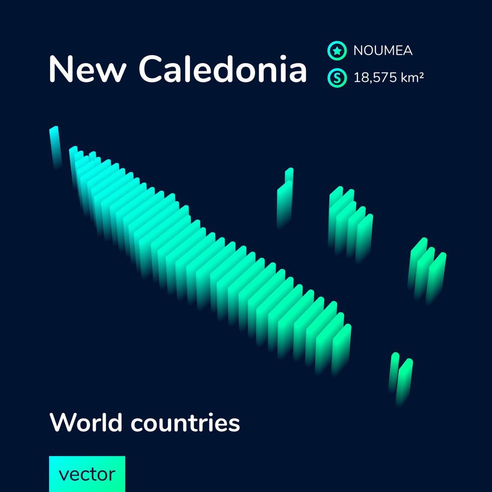 Vector 3D map of New Caledonia in green colors on the dark blue background. Educational banner