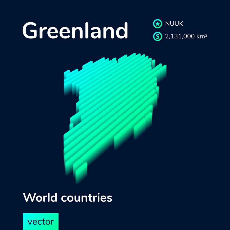 3d map of Greenland. Stylized striped vector isometric Map of Greenland is in neon green and mint colors on the dark blue background