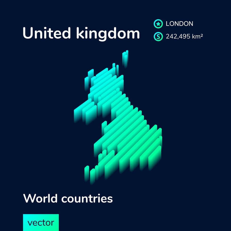 Reino Unido mapa 3d. mapa de rayas de neón isométrico estilizado en colores verde y menta en el fondo azul oscuro vector