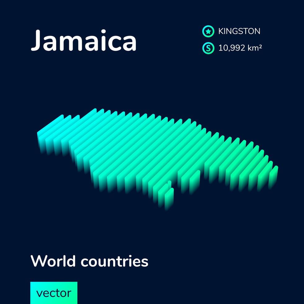 Stylized isometric vector 3d map of Jamaica in neon mint turquoise colors on a dark blue background. Geography study poster, infographic element.