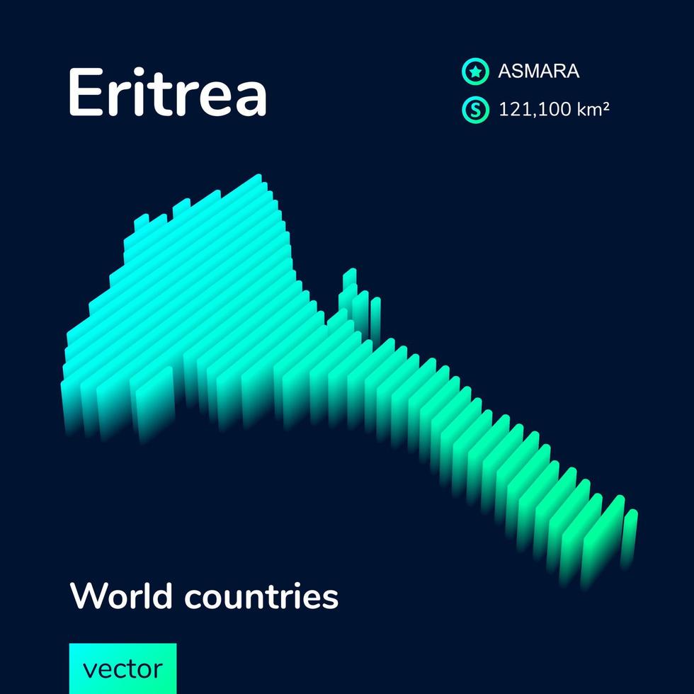 Vector Eritrea 3D map in turquoise colors on a dark blue background. Stylized map icon of Eritrea. Infographic element