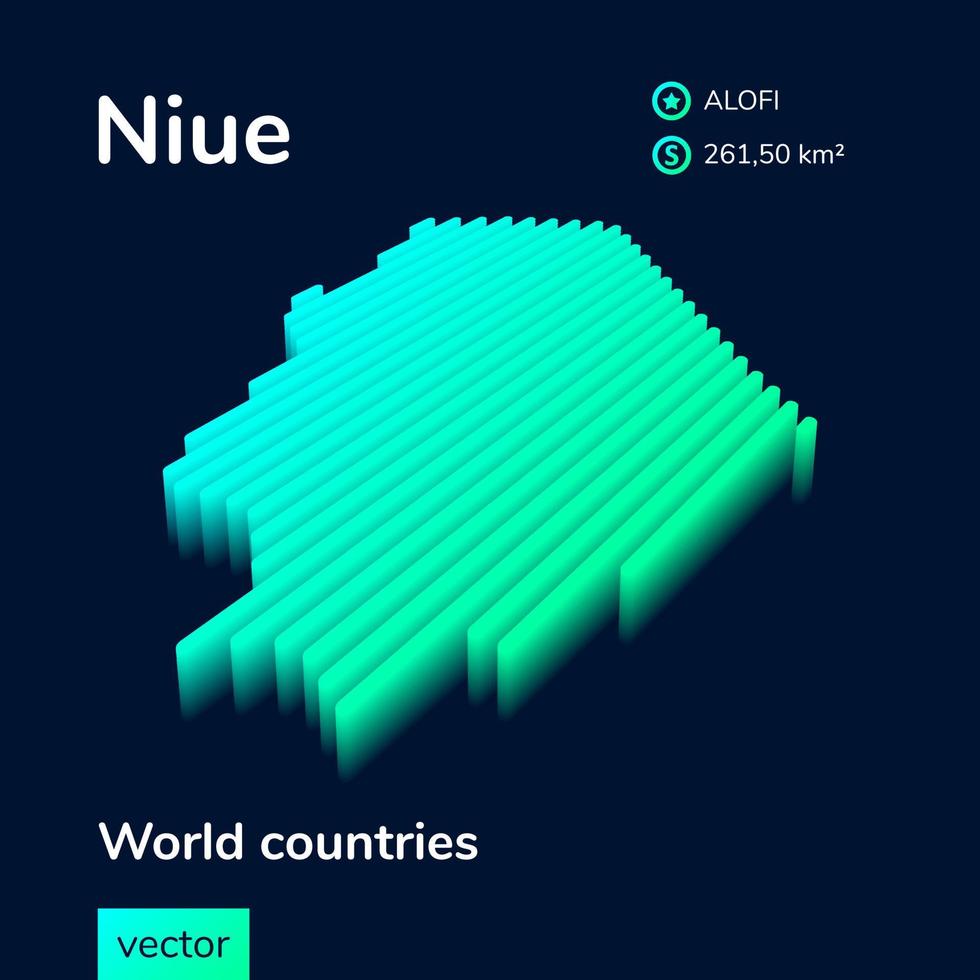3D Map of Niue. Stylized neon isometric striped vector Niue map in green, turquoise and mint colors