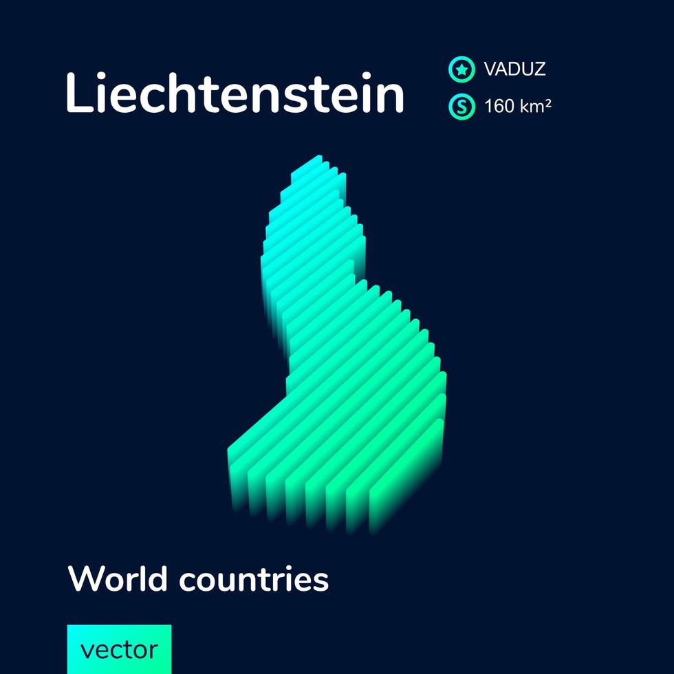 Isometric 3d vector Liechtenstein map in neon turquoise colors on a dark blue background