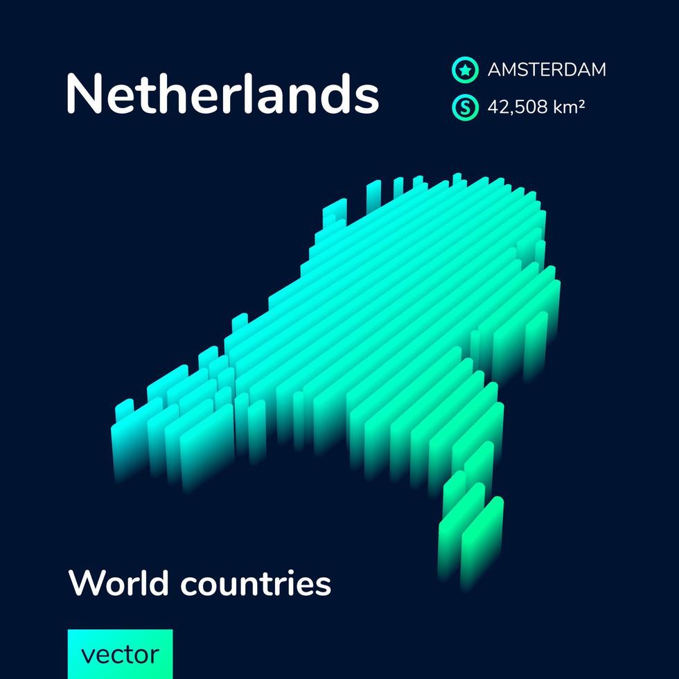 mapa 3d de los países bajos del vector rayado isométrico digital de neón estilizado. el mapa de países bajos está en colores verde y menta en el fondo negro.