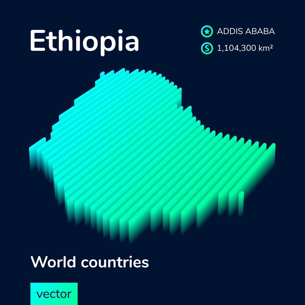Stylized neon simple digital isometric striped vector Ethiopia 3D map in green, turquoise and mint colors on the dark blue background