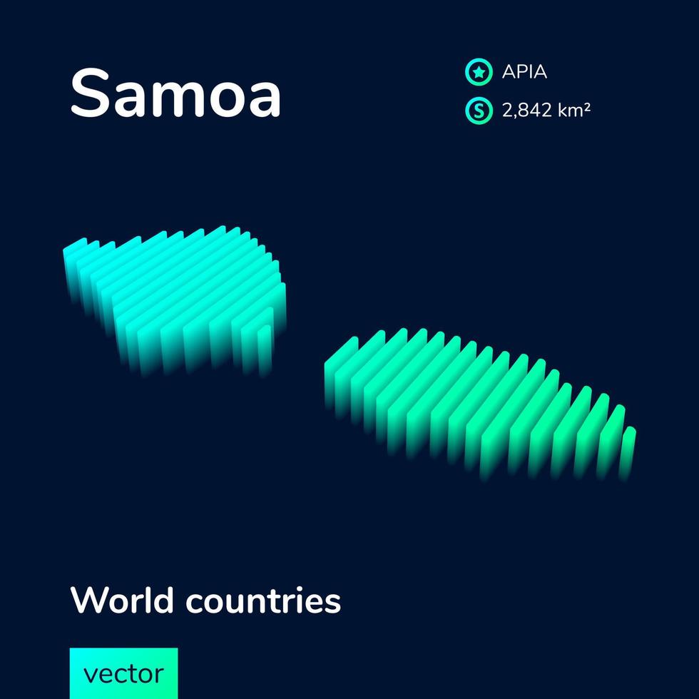 Samoa 3D map. Stylized neon isometric striped simple vector map of Samoa is in green and mint colors
