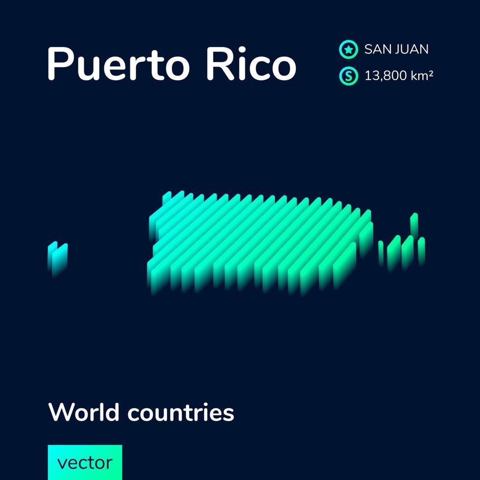 Puerto Rico map. Stylized isometric neon striped map is in green colors on the dark blue background vector