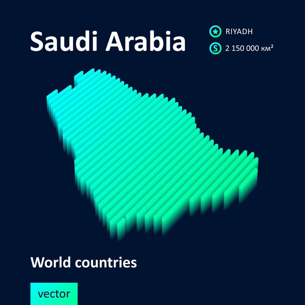 Stylized striped vector neon isometric Saudi Arabia 3D map is in mint colors on dark blue background