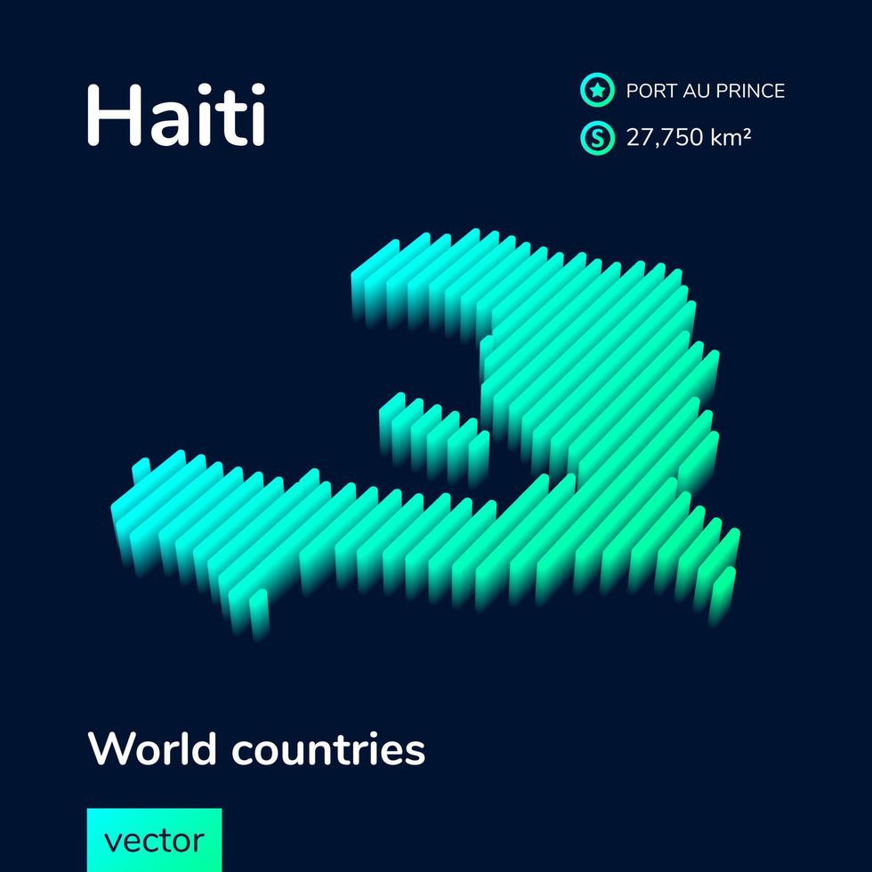 Stylized neon isometric striped vector Haiti map with 3d effect. Map of Haiti is in green and mint colors on the dark blue background