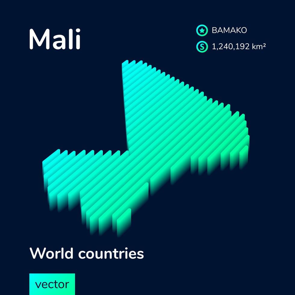 Mali 3D map. Stylized isometric neon striped vector Map of Mali is in green and mint colors