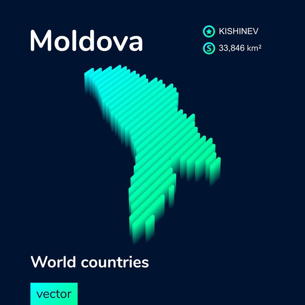 3d vector isometric neon Moldova map in turquoise colors on a dark blue background