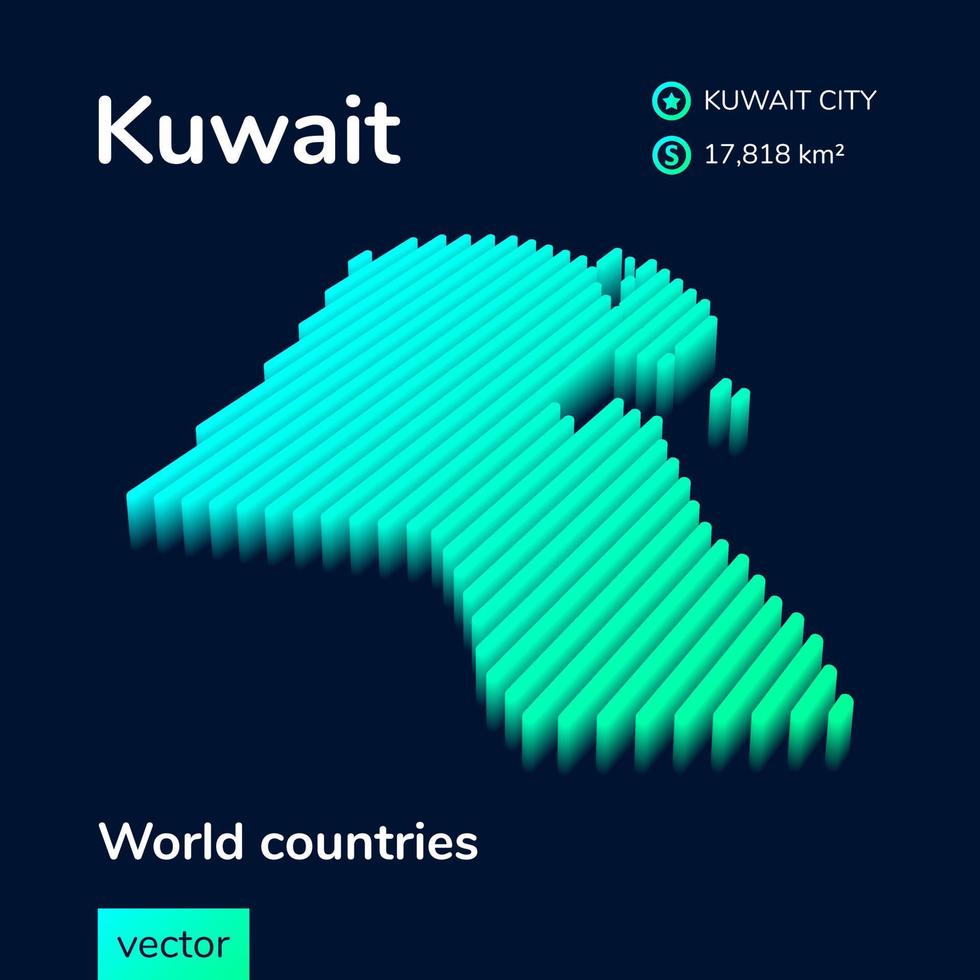 Kuwait 3D map. Stylized neon simple digital isometric striped vector Map of Kuwait is in green, turquoise and mint colors on the dark blue background